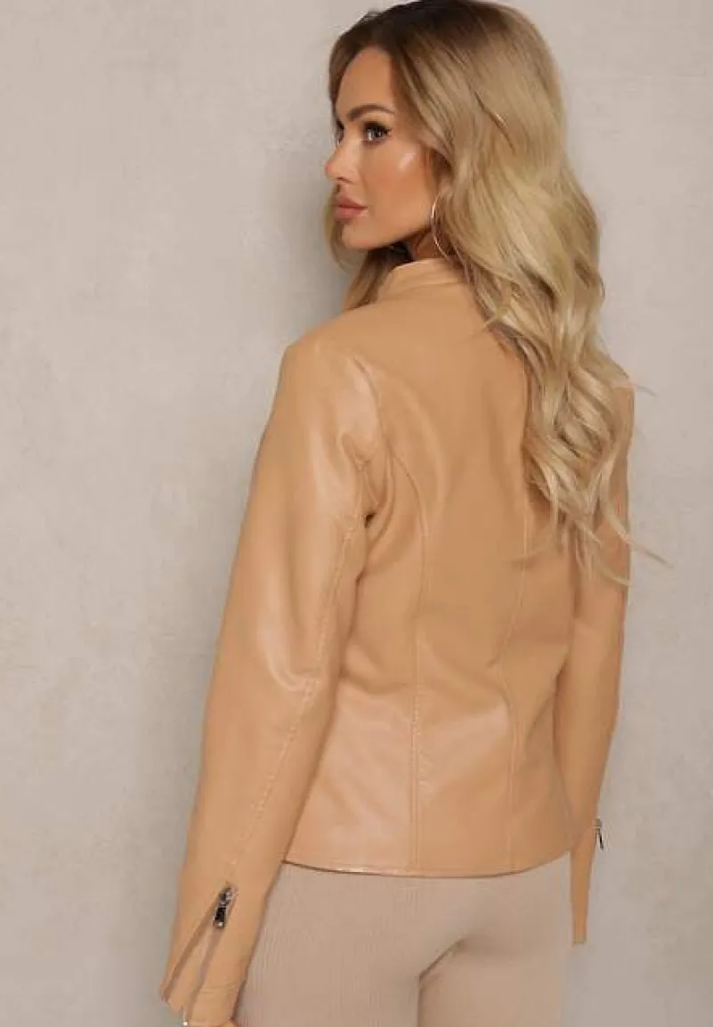 Beżowa Kurtka Ramoneska z Ekoskóry Klaia