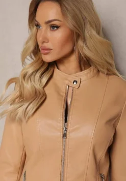 Beżowa Kurtka Ramoneska z Ekoskóry Klaia