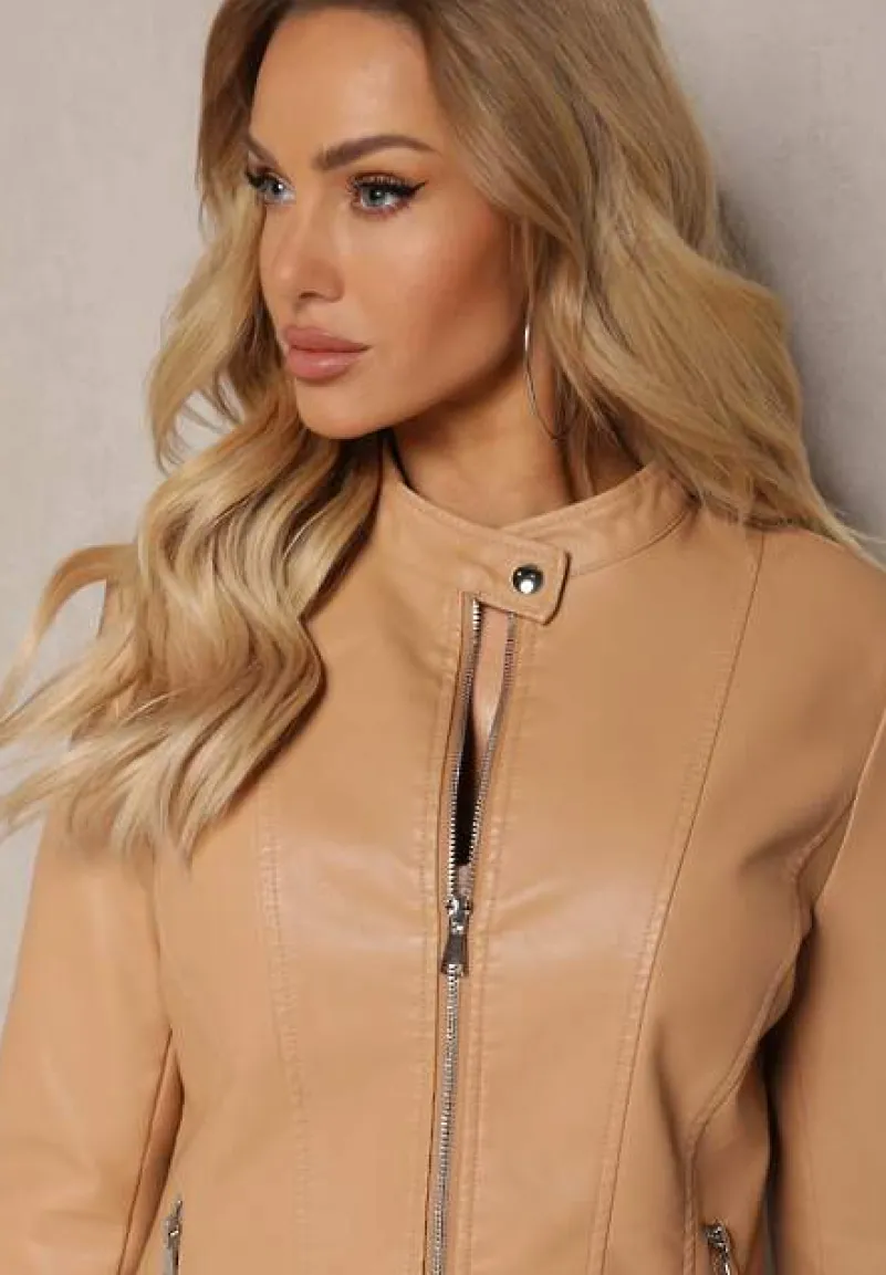 Beżowa Kurtka Ramoneska z Ekoskóry Klaia