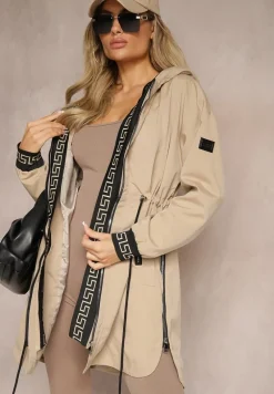 Beżowa Kurtka w Stylu Parki z Kapturem Wiązana w Talii Mavelle