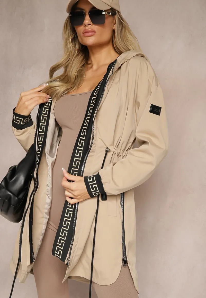 Beżowa Kurtka w Stylu Parki z Kapturem Wiązana w Talii Mavelle