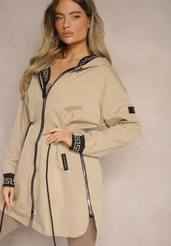 Beżowa Kurtka w Stylu Parki z Kapturem Wiązana w Talii Mavelle