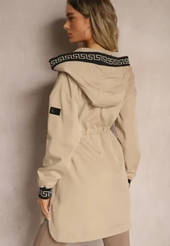 Beżowa Kurtka w Stylu Parki z Kapturem Wiązana w Talii Mavelle