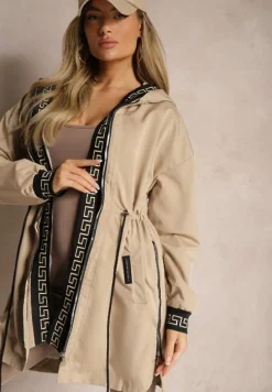 Beżowa Kurtka w Stylu Parki z Kapturem Wiązana w Talii Mavelle