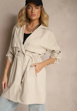 Beżowa Kurtka w Stylu Parki z Troczkiem w Talii i Wywiniętym Kołnierzykiem Vetaipa