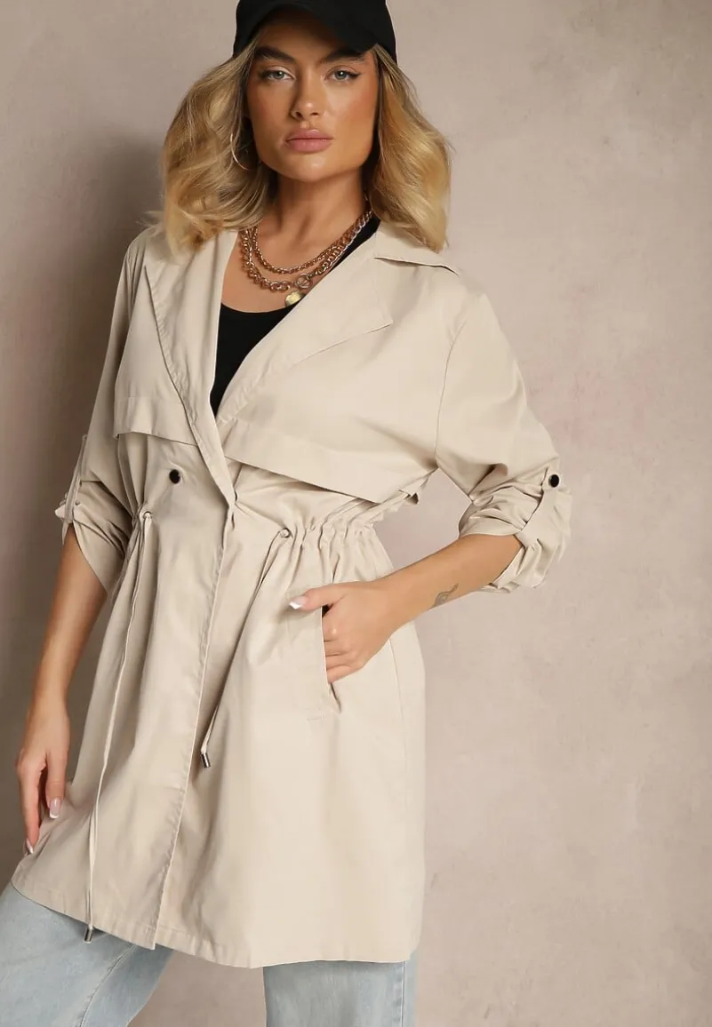 Beżowa Kurtka w Stylu Parki z Troczkiem w Talii i Wywiniętym Kołnierzykiem Vetaipa