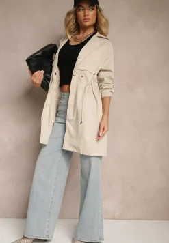 Beżowa Kurtka w Stylu Parki z Troczkiem w Talii i Wywiniętym Kołnierzykiem Vetaipa