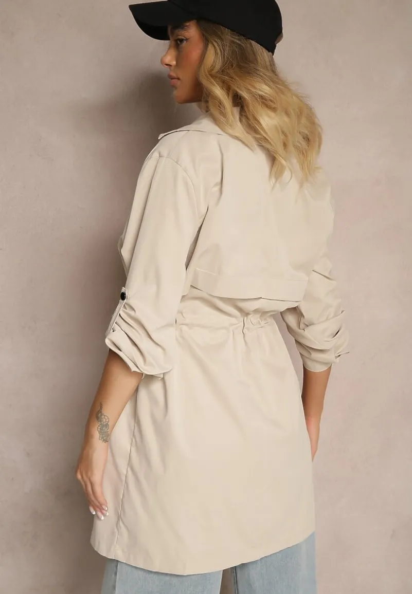 Beżowa Kurtka w Stylu Parki z Troczkiem w Talii i Wywiniętym Kołnierzykiem Vetaipa