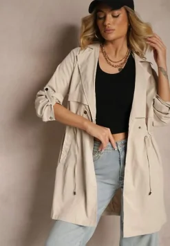 Beżowa Kurtka w Stylu Parki z Troczkiem w Talii i Wywiniętym Kołnierzykiem Vetaipa