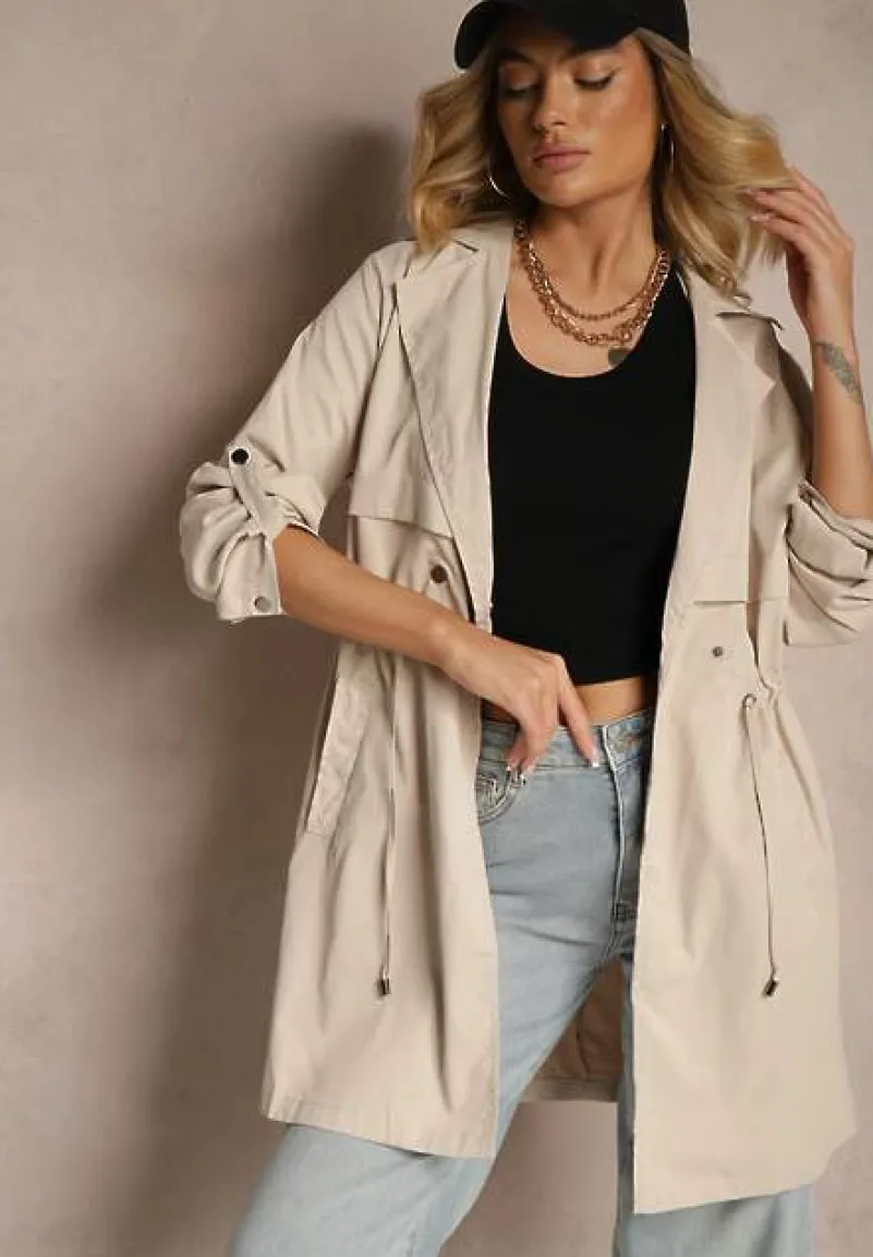Beżowa Kurtka w Stylu Parki z Troczkiem w Talii i Wywiniętym Kołnierzykiem Vetaipa