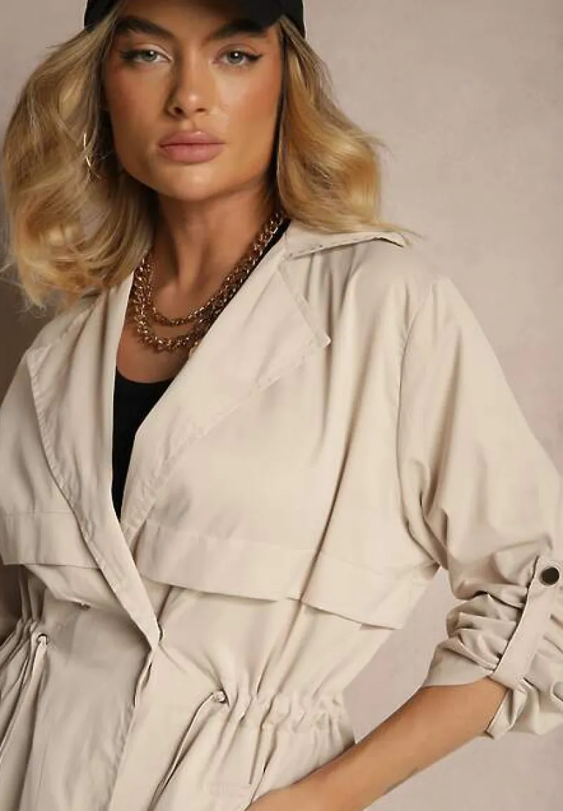 Beżowa Kurtka w Stylu Parki z Troczkiem w Talii i Wywiniętym Kołnierzykiem Vetaipa