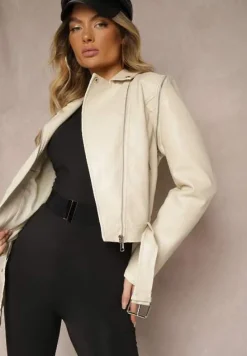 Beżowa Kurtka w Stylu Ramoneski z Odpinanymi Rękawami i Regulowanym Paskiem Lotiga