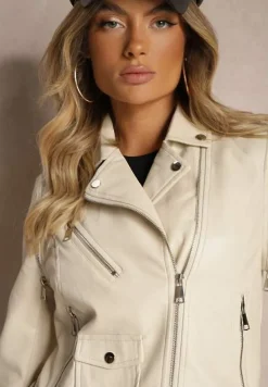 Beżowa Kurtka w Stylu Ramoneski z Odpinanymi Rękawami i Regulowanym Paskiem Lotiga