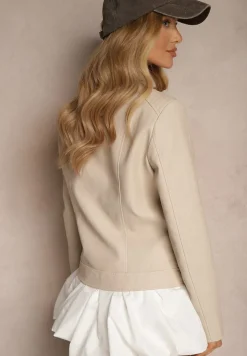 Beżowa Kurtka w Stylu Ramoneski Ozdobiona Tłoczeniem Arvezina