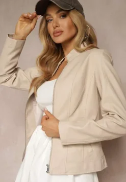 Beżowa Kurtka w Stylu Ramoneski Ozdobiona Tłoczeniem Arvezina