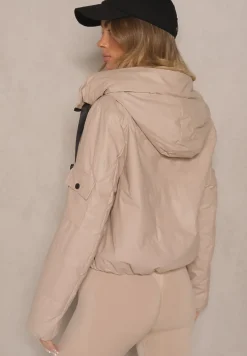 Beżowa Kurtka Wiatrówka z Kapturem o Pudełkowym Kroju Hirloti