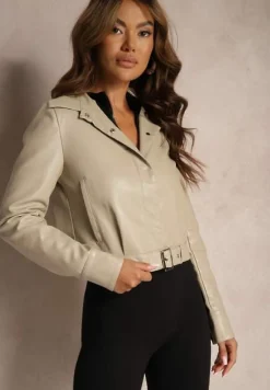Beżowa Kurtka z Ekoskóry o Fasonie Ramoneski z Paskiem Velaine