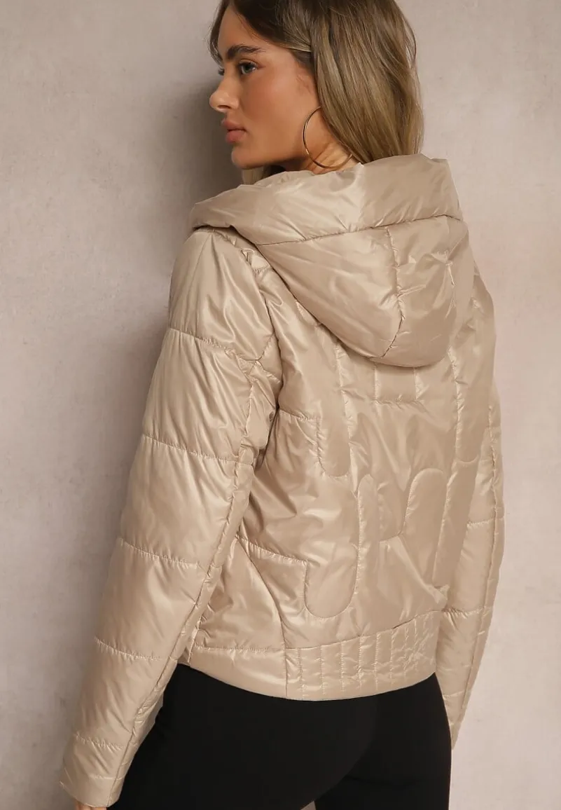 Beżowa Kurtka z Kapturem Ozdobiona Pikowaniem Talemi