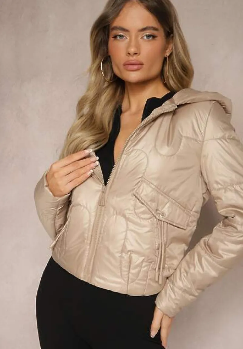 Beżowa Kurtka z Kapturem Ozdobiona Pikowaniem Talemi