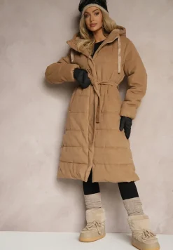 Beżowa Kurtka z Kapturem Paskiem i Rozcięciami na Napy Zdobiona Pikowanymi Przeszyciami Semandira