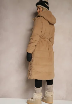 Beżowa Kurtka z Kapturem Paskiem i Rozcięciami na Napy Zdobiona Pikowanymi Przeszyciami Semandira