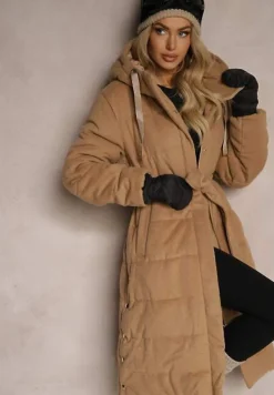 Beżowa Kurtka z Kapturem Paskiem i Rozcięciami na Napy Zdobiona Pikowanymi Przeszyciami Semandira