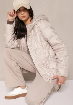 Beżowa Kurtka z Kapturem Sznurkami i Ozdobnymi Przeszyciami Karedia