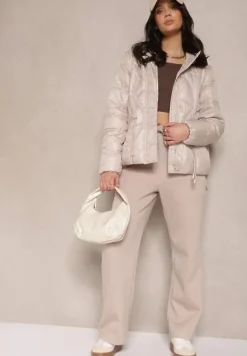 Beżowa Kurtka z Kapturem Sznurkami i Ozdobnymi Przeszyciami Karedia