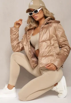 Beżowa Kurtka z Pikowaniem i Troczkiem w Talii oraz Kapturem Aielera
