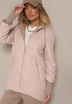 Beżowa Kurtka z Pikowanymi Przeszyciami Dłuższym Tyłem i Mankietami Nusiloren