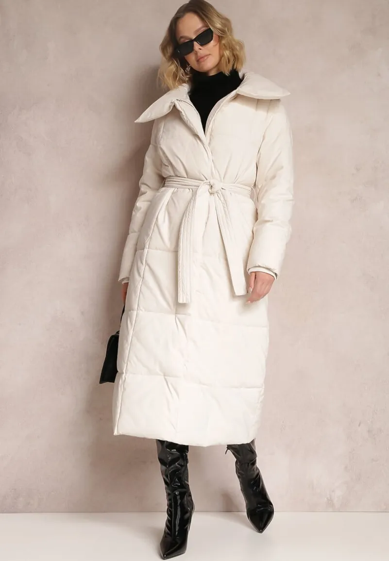 Beżowa Kurtka za Kolano Pikowana Chadi