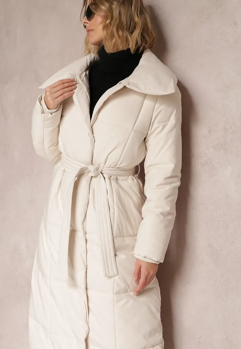 Beżowa Kurtka za Kolano Pikowana Chadi