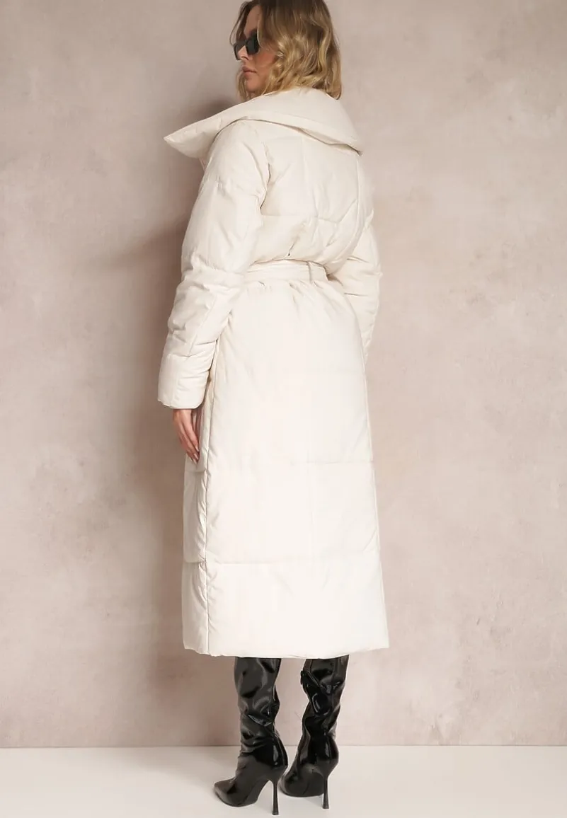 Beżowa Kurtka za Kolano Pikowana Chadi