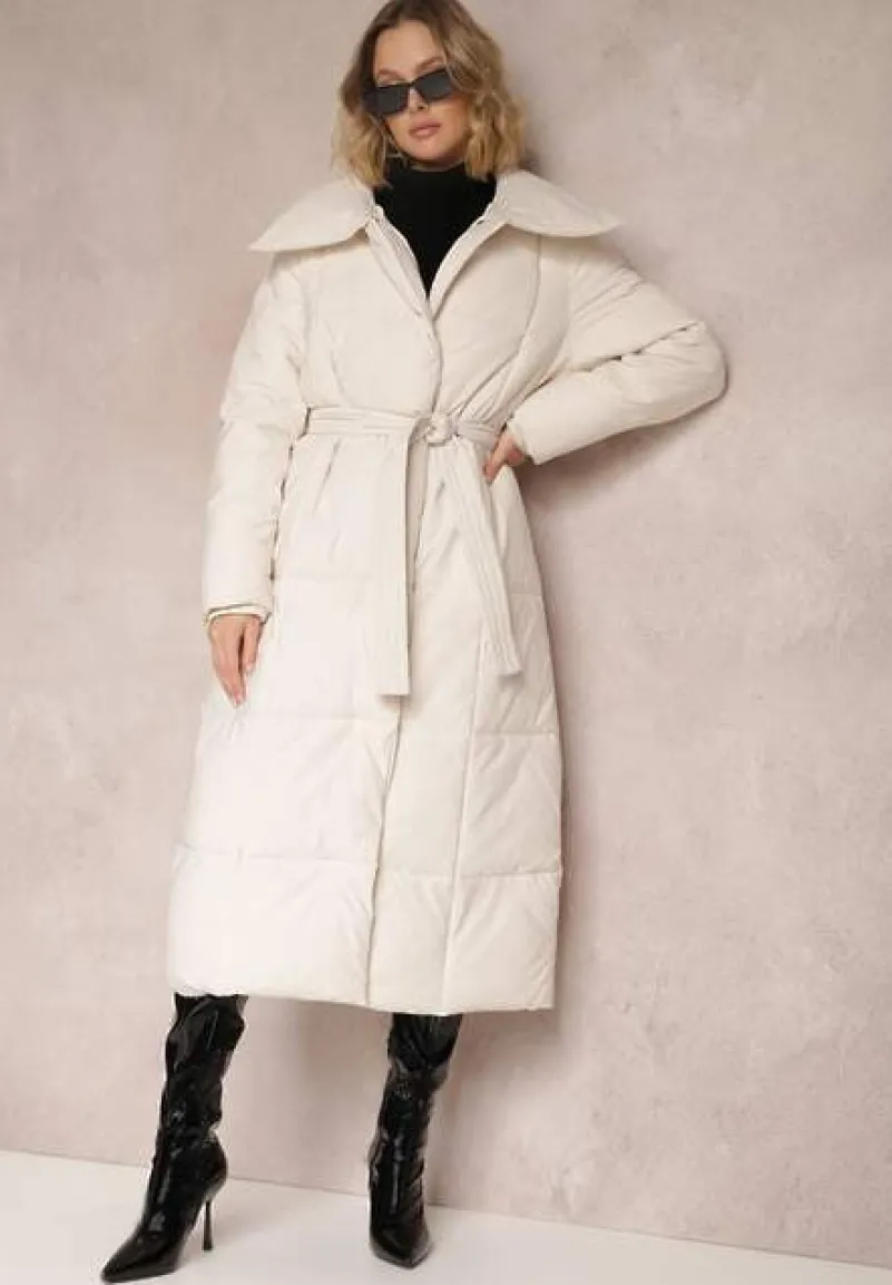 Beżowa Kurtka za Kolano Pikowana Chadi