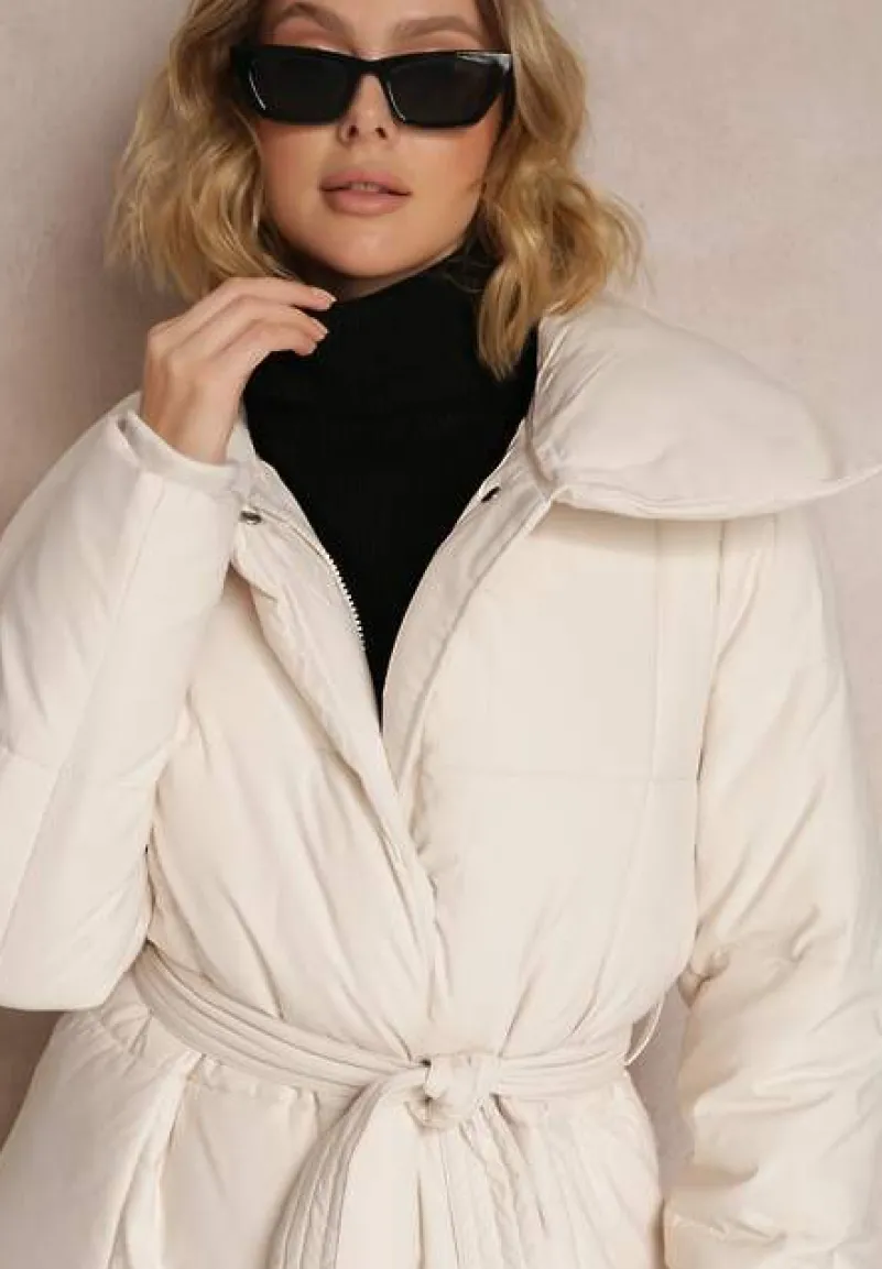 Beżowa Kurtka za Kolano Pikowana Chadi