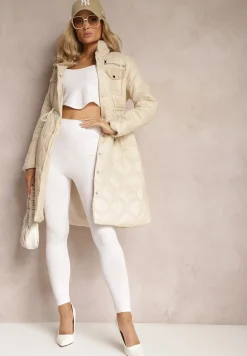 Beżowa Kurtka za Kolano z Kołnierzem Pikowana Vilia