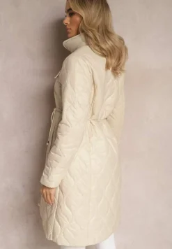 Beżowa Kurtka za Kolano z Kołnierzem Pikowana Vilia