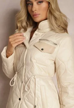 Beżowa Kurtka za Kolano z Kołnierzem Pikowana Vilia