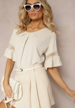 Beżowa Luźna Bluzka z Ażurową Wstawką na Rękawach Birian