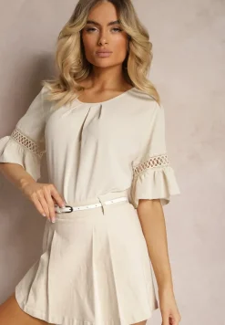 Beżowa Luźna Bluzka z Ażurową Wstawką na Rękawach Birian