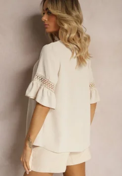 Beżowa Luźna Bluzka z Ażurową Wstawką na Rękawach Birian