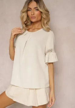 Beżowa Luźna Bluzka z Ażurową Wstawką na Rękawach Birian