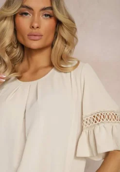 Beżowa Luźna Bluzka z Ażurową Wstawką na Rękawach Birian