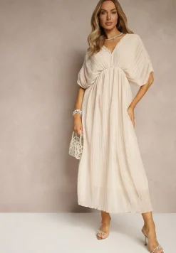 Beżowa Luźna Sukienka Wiązana na Szyi Taliowana z Rozkloszowanym Dołem Napovira
