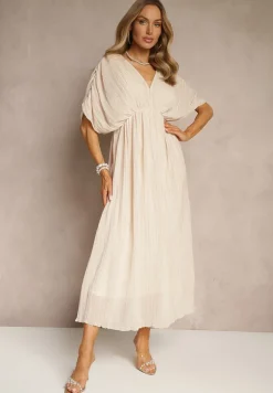 Beżowa Luźna Sukienka Wiązana na Szyi Taliowana z Rozkloszowanym Dołem Napovira
