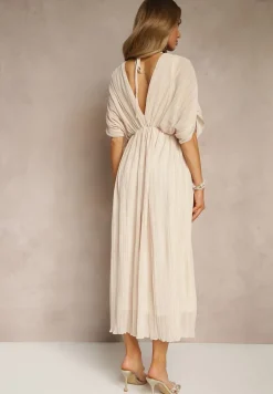 Beżowa Luźna Sukienka Wiązana na Szyi Taliowana z Rozkloszowanym Dołem Napovira