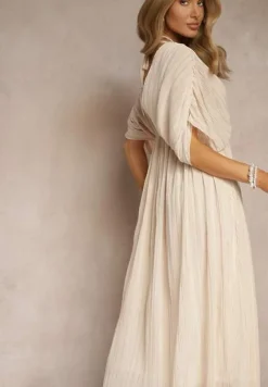 Beżowa Luźna Sukienka Wiązana na Szyi Taliowana z Rozkloszowanym Dołem Napovira