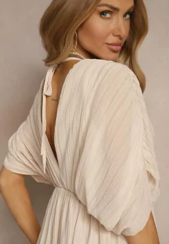 Beżowa Luźna Sukienka Wiązana na Szyi Taliowana z Rozkloszowanym Dołem Napovira