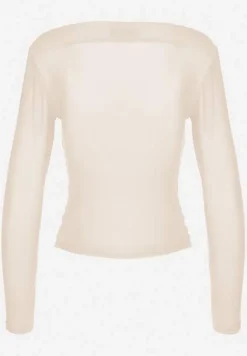 Beżowa Marszczona Bluzka z Siateczki Zdobiona Aplikacją w Kształcie Róży Olirisa