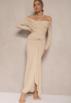 Beżowa Marszczona Sukienka o Dopasowanym Kroju z Trenem i Rozcięciem Aluilea